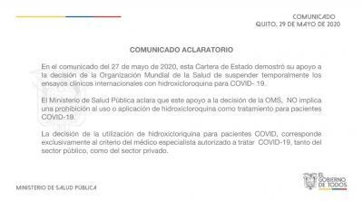 Ministerio de Salud no proh&iacute;be el uso o aplicaci&oacute;n de hidroxicloroquina como tratamiento al COVID- 19